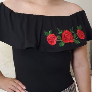 Floral embroidery off shoulder body suit